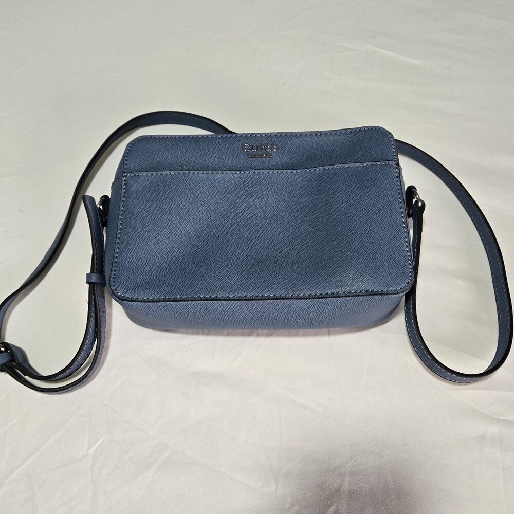 GUESS Noelle Crossbody Camera Bag Saffiano Blue SF806179 Steel Blue Purse
